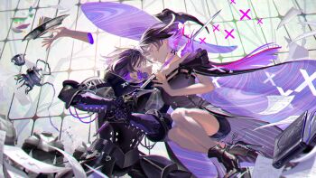 Rule 34 | 1boy, 1girl, absurdres, armor, black armor, black hair, black shorts, book, cape, closed mouth, commentary request, commission, eye contact, floating hair, ga1ahad, gauntlets, hat, highres, holding, holding sword, holding weapon, knight, large hat, looking at another, mili (band), mixed-language commentary, profile, purple cape, purple eyes, purple hair, short hair, short shorts, shorts, skeb commission, sword, tellulu, ubwmitekure, weapon, witch, witch hat