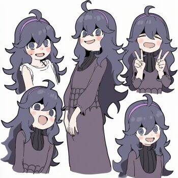 1girl :d @_@ ahoge blush chibi dress drooling hairband hex_maniac_(pokemon) hiru_shira_yume long_hair looking_at_viewer multiple_expressions nintendo open_mouth pokemon purple_eyes purple_hairband simple_background smile sweater white_background