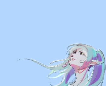 Rule 34 | 1girl, almightybuttcheeks, alternate eye color, alternate hair color, blue background, blue hair, brown eyes, commentary, earrings, frieren, highres, jewelry, lips, long hair, looking up, meme, pointy ears, portrait, smile, solo, sousou no frieren, teardrop earrings, thick eyebrows, twintails, upward angle frieren drawing (meme)