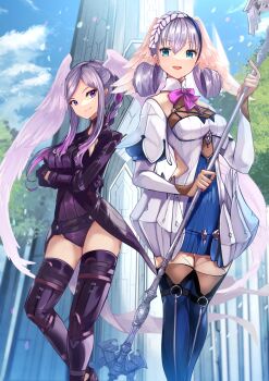 2girls absurdres blue_eyes braid breasts crown_braid dress gloves head_wings highres medium_breasts melia_antiqua multiple_girls risumi_(taka-fallcherryblossom) short_dress silver_hair staff thighhighs tyrea_(xenoblade) wings xenoblade_chronicles:_future_connected xenoblade_chronicles_(series) xenoblade_chronicles_1