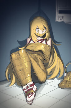 1girl arms_behind_back bag bare_shoulders blonde_hair bound breasts cad_(caddo) gag gym_shirt hair_between_eyes handbag improvised_gag indoors large_breasts long_hair looking_at_object red_trim shirt shoes shokuhou_misaki sitting sleeveless sleeveless_shirt solo star-shaped_pupils star_(symbol) symbol-shaped_pupils tape tape_bondage tile_floor tiles toaru_kagaku_no_railgun toaru_kagaku_no_railgun_t toaru_majutsu_no_index tokiwadai_school_gym_uniform white_shirt white_shoes yellow_eyes