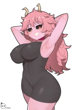 1girl absurdres armpits arms_behind_head arms_up ashido_mina black_dress black_sclera blush boku_no_hero_academia breasts colored_sclera colored_skin commentary_request covered_erect_nipples covered_navel creeeen_jjang dress grin highres horns korean_commentary large_breasts long_hair looking_at_viewer messy_hair microdress pink_hair pink_skin simple_background smile solo standing thighs tight_clothes tight_dress white_background yellow_eyes