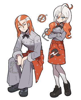 1boy 1girl absurdres apron black_shoes blue_eyes crossed_arms frown grey_pants griselle_(pokemon) grisham_(pokemon) hair_between_eyes hair_down highres holding holding_removed_eyewear invisible_chair long_hair looking_at_another looking_at_viewer medium_hair multicolored_hair nintendo one_eye_closed orange_apron orange_eyes orange_hair pants pokemon pokemon_legends:_z-a sach56000 shoes simple_background sitting sweatdrop two-tone_hair unworn_eyewear white_background white_hair