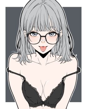 1girl :p bambi_surprise black_hair breasts commentary english_commentary glasses grey_eyes highres looking_at_viewer medium_breasts medium_hair original signature solo strap_slip tongue tongue_out underwear underwear_only upper_body