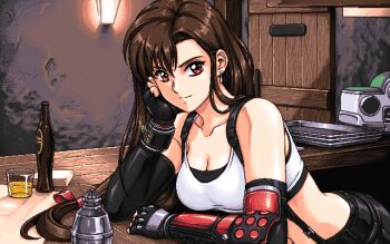 1990s_(style) 1girl bar_(place) bare_shoulders black_skirt bottle breasts brown_hair cocktail_shaker crop_top dithered_background dithering door earrings elbow_gloves final_fantasy final_fantasy_vii final_fantasy_vii_remake fingerless_gloves glass gloves highres jewelry large_breasts long_hair looking_at_viewer low-tied_long_hair midriff navel pc-98_(style) pixel_art red_eyes retro_artstyle sirknightbot skirt smile soda_bottle solo suspenders tank_top tifa_lockhart tray wall_lamp