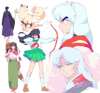 Rule 34 | 2girls, 3boys, animal ears, archery, armor, bishounen, black gloves, black hair, black robe, boomerang, bow (weapon), breasts, brown hair, brown shoes, commentary, crescent, crescent facial mark, dog ears, drawing arrow, facial mark, fingerless gloves, fire, forehead mark, full body, furrowed brow, gloves, green sailor collar, green skirt, hair between eyes, higurashi kagome, holding, holding bow (weapon), holding staff, holding weapon, inuyasha, inuyasha (character), japanese armor, japanese clothes, kariginu, kimono, kirara (inuyasha), loafers, long hair, long skirt, low-tied long hair, low ponytail, medium breasts, midriff peek, miroku (inuyasha), monk, multiple boys, multiple girls, multiple tails, neckerchief, nekomata, parted bangs, pink kimono, pleated skirt, pointy ears, ponytail, purple tunic, rebekah jin, red eyes, red neckerchief, red shirt, robe, sailor collar, sango (inuyasha), school uniform, sesshoumaru, shirt, shoes, short hair, shoulder spikes, sidelocks, skirt, slit pupils, socks, spikes, staff, standing, tail, thick eyebrows, tunic, two tails, upper body, weapon, weapon on back, white background, white hair, white shirt, white socks, yellow eyes