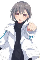 Rule 34 | 1girl, bang dream!, bang dream! it&#039;s mygo!!!!!, black jacket, blush, brown eyes, commentary, highres, jacket, lavirince, long sleeves, looking at viewer, open clothes, open jacket, open mouth, short hair, simple background, solo, takamatsu tomori, teeth, upper teeth only, white background, white jacket, zipper pull tab