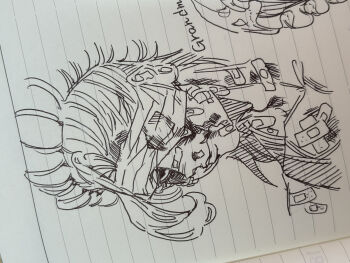 1boy absurdres adam's_apple bandage_over_one_eye bandages bandaid bandaid_on_cheek bandaid_on_chest bandaid_on_face bandaid_on_neck bandaid_on_shoulder bindi bruise bruise_on_face buddha_(shuumatsu_no_valkyrie) closed_mouth collarbone crown crown_hair_ornament crown_ornament ear_piercing earrings facial_mark fangs fangs_out forehead_mark hair_bun half-closed_eyes highres injury jewelry lineart long_hair loose_hair_strand male_focus muscular muscular_male nanako_nuchitsu paper patch piercing shuumatsu_no_valkyrie snot solo tank_top teeth upper_body