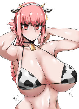 Rule 34 | 1girl, absurdres, animal ears, animal print, armpits, arms up, bare shoulders, bell, bikini, blush, braid, braided ponytail, breasts, choker, cleavage, commentary request, cow ears, cow horns, cow print, cow print bikini, cowbell, fake animal ears, fake horns, fate/grand order, fate (series), florence nightingale (fate), folded ponytail, hairband, highres, horns, large breasts, long hair, looking at viewer, megao 3rd, navel, neck bell, pink hair, print bikini, red eyes, solo, swimsuit, white bikini