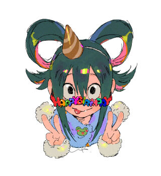 1girl :p alternate_hairstyle asui_tsuyu black_eyes boku_no_hero_academia cropped_shoulders double_v frog_girl green_eyes hair_rings hands_up happy_birthday hat jaggy_lines lip_(lih8) looking_at_viewer party_hat sidelocks solo tongue tongue_out v white_background