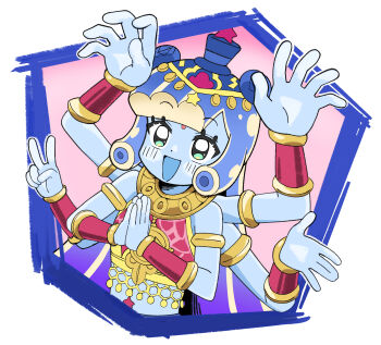 1girl :d arm_guards bindi blue_hair blue_hat blue_skin blush colored_skin commentary_request crop_top double_bun extra_arms gradient_hair green_eyes hair_bun hat highres hinduism long_hair many-armed_kawaii_puniru mii_(user_achv8242) mini_hat mini_top_hat monster_girl multicolored_hair official_alternate_hair_color official_alternate_skin_color open_mouth palms_together puniru_(puniru_wa_kawaii_slime) puniru_wa_kawaii_slime purple_hair red_shirt shirt sidelocks simple_background sleeveless sleeveless_shirt slime_girl smile solo star_(symbol) top_hat vishnu white_background