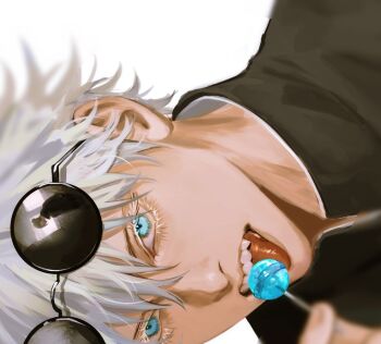 Rule 34 | 2boys, blue eyes, blurry, candy, colored eyelashes, commentary, eyelashes, eyewear on head, fang, food, gakuran, getou suguru, gojou satoru, hair between eyes, highres, holding, holding candy, holding food, holding lollipop, jujutsu kaisen, lollipop, looking at viewer, male focus, multiple boys, ndsoda, open mouth, portrait, reflection, round eyewear, school uniform, short hair, sideways, simple background, solo focus, symbol-only commentary, teeth, white background, white eyelashes, white hair