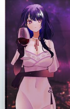 1girl absurdres alcohol alternate_costume blunt_bangs blurry blurry_background breasts cleavage closed_mouth collarbone commentary covered_navel cup dress drinking_glass genshin_impact head_tilt highres holding holding_cup huge_breasts jewelry long_hair looking_to_the_side multicolored_hair navel necklace pearl_necklace purple_background purple_eyes purple_hair raiden_shogun rayla_(rayla_illust) red_ribbon ribbon shade shadow side_slit solo standing streaked_hair wine wine_glass