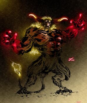 abs absurdres arm_up chin_spike colored_skin deadpool_yuchan enraged_rajang fingernails full_body fur-tipped_tail glowing gradient_background hands_up highres horns looking_at_viewer monkey monster monster_focus monster_hunter_(series) muscular no_humans rajang rajang_(monster_hunter) red_eyes red_skin sharp_fingernails sharp_teeth solo tail teeth tusks yellow_fur