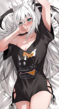 1girl absurdres ahoge animal_ear_fluff animal_ears aqua_eyes arm_up black_panties black_shirt blush breasts cleavage commentary_request covering_own_mouth fox_ears fox_girl fox_tail highres hololive long_hair lying medium_breasts nekoshima_kaede official_alternate_costume on_back panties shirakami_fubuki shirakami_fubuki_(loungewear) shirt sidelocks solo tail underwear very_long_hair virtual_youtuber white_hair