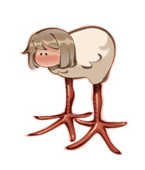 Rule 34 | 1girl, bird girl, blonde hair, blush, deformed, dungeon meshi, falin touden, falin touden (chimera), friedbaens, full body, highres, long legs, pukeko, short hair, simple background, solo, white background