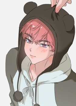 1boy :t animal_hat bamby_(plave) beanie commentary deongkul earflap_beanie from_above hair_between_eyes hat highres hood hoodie k-pop korean_commentary looking_at_viewer male_focus pink_eyes pink_hair plave pom_pom_(clothes) pom_pom_beanie pov pov_hands short_hair simple_background solo_focus symbol-only_commentary two-tone_hoodie upper_body white_background