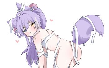 1girl bandages bent_over blush cone_hair_bun embarrassed fox_girl fox_tail from_side frown grey_eyes hair_bun hair_ornament heart heterochromia highres long_hair looking_at_viewer loose_bandages multicolored_hair naked_bandage pom_pom_(clothes) pom_pom_hair_ornament purple_hair raised_inner_eyebrows simple_background stellive streaked_hair tail tears tenko_shibuki two-tone_hair virtual_youtuber white_background white_hair yellow_eyes yeou_kkoli