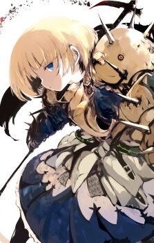 1girl armor armored_dress blonde_hair blue_eyes bob_cut crow's_beak dress etrian_odyssey highres holding holding_polearm holding_weapon looking_at_viewer phalanx_(sekaiju) phalanx_2_(sekaiju) polearm sekaiju_no_meikyuu sekaiju_no_meikyuu_3 short_hair solo spear spiked_armor spikes tsutsugano weapon