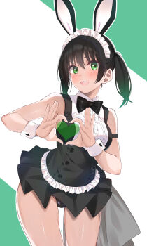 1girl :d absurdres animal_ear_hairband animal_ears bare_shoulders black_bow black_bowtie black_dress black_hair blush bow bowtie breasts buttons center_frills colored_tips commentary_request cowboy_shot double-breasted dress fake_animal_ears frills gradient_hair green_background green_eyes green_hair hairband heart heart_hands heart_in_heart_hands highres kuro_neko_(38-21) looking_at_viewer love_live! love_live!_nijigasaki_high_school_idol_club medium_breasts microdress multicolored_hair nontraditional_playboy_bunny open_mouth outline rabbit_ear_hairband rabbit_ears simple_background sleeveless sleeveless_dress smile solo takasaki_yu white_outline