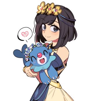 Rule 34 | 1brad, 1girl, bare shoulders, bead necklace, beads, black hair, closed mouth, commentary request, dress, eyelashes, gen 7 pokemon, grey eyes, hair ornament, heart, highres, holding, holding pokemon, jewelry, korean commentary, looking at viewer, medium hair, necklace, nintendo, official alternate costume, pokemon, pokemon (creature), pokemon masters ex, popplio, selene (champion) (pokemon), selene (pokemon), simple background, smile, split mouth, spoken heart, white background