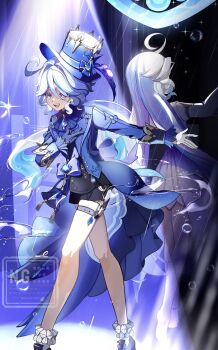 2girls absurdres ahoge aomiya_souju ascot asymmetrical_gloves black_gloves black_shorts black_vest blue_ascot blue_eyes blue_gem blue_hair blue_hat blue_jacket commentary_request dress drop-shaped_pupils feet_out_of_frame focalors_(genshin_impact) furina_(genshin_impact) gem genshin_impact gloves hair_between_eyes hair_intakes hand_on_own_chest hat heterochromia highres jacket long_hair long_sleeves mismatched_gloves mismatched_pupils multicolored_hair multiple_girls open_mouth outstretched_arm rain shorts skindentation socks spotlight streaked_hair symbol-shaped_pupils teeth thigh_strap top_hat upper_teeth_only vest watermark white_gloves white_hair white_socks