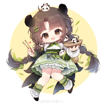 1girl absurdres ahoge animal_earrings animal_ears apron asymmetrical_sleeves bamboo bamboo_hair_ornament bamboo_shadow_(miracle_nikki) black_shoes black_sleeves bloomers blunt_bangs border bow bow_legwear bowl bowtie braid brown_eyes brown_hair chibi chinese_commentary chopsticks commentary_request dot_nose eyelashes frilled_skirt frills fur-trimmed_shirt fur_trim green_bag green_bow green_bowtie green_skirt grey_apron hair_bow hair_ornament hairclip happy heart highres holding holding_bowl holding_chopsticks leaf leg_warmers light_blush light_particles long_hair long_sleeves looking_at_viewer low_twin_braids miniskirt miracle_nikki mismatched_sleeves multi-tied_hair nikki_(series) nuli_de_chengzhi_er open_mouth outside_border panda_earrings panda_ears panda_girl panda_hair_ornament parallel_hairclips parted_bangs pleated_skirt puffy_long_sleeves puffy_sleeves round_border shirt shoes skirt smile solo sparkle tareme twin_braids underwear very_long_hair waist_apron waist_bag watermark weibo_watermark white_bloomers white_border white_leg_warmers white_shirt white_sleeves yellow_background