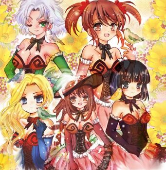5girls aqua_eyes bird bird_on_hand black_dress black_hair blonde_hair blue_dress blue_eyes blush breasts brown_eyes brown_hair child cleavage coquelicot_(sakura_taisen) dress erica_fontaine flat_chest floral_background glycine_bleumer green_dress green_eyes kitaooji_hanabi large_breasts lobelia_carlini long_hair looking_at_viewer medium_breasts miya_(chijou_no_seiza) multiple_girls official_alternate_costume one_eye_closed open_mouth picture_hat pink_dress red_dress sakura_taisen sakura_taisen_iii sidelocks twintails white_hair