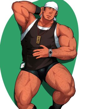 1boy abs arm_behind_head armpits bara beard beard_stubble bulge facial_hair feet_out_of_frame from_above full_beard gluteal_fold hairy headscarf large_pectorals lying male_focus mature_male muscular muscular_legs muscular_male mustache_stubble on_back original pectorals sakuramarusan short_hair short_shorts shorts sidepec sleeping solo strongman_waist stubble tank_top thick_eyebrows thighs watch wristwatch