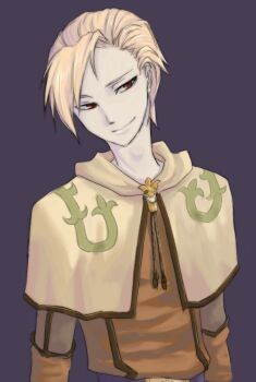 1boy asymmetrical_bangs blonde_hair brown_shirt capelet closed_mouth commentary_request doppelganger_(ragnarok_online) looking_afar make_adog male_focus purple_background ragnarok_online red_eyes shirt simple_background smile solo swordsman_(ragnarok_online) upper_body yellow_capelet