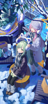2girls absurdres animal_earmuffs bang_dream! bang_dream!_it's_mygo!!!!! black_pantyhose blue_skirt brown_shoes chair chihaya_anon closed_eyes coat commentary earmuffs green_hair green_skirt grey_leg_warmers grey_pantyhose grey_scarf highres leg_warmers log long_hair mittens multiple_girls open_mouth pantyhose pink_hair plaid_clothes plaid_scarf purple_eyes rui_(rei_leyi) scarf shoes sidelocks sitting skirt snow snow_globe standing wakaba_mutsumi white_coat winter_clothes yellow_eyes