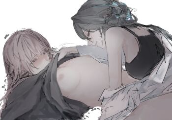 2girls black_eyes black_hair black_tank_top blue_hair blush breasts brenn_(idwytl) clothes_lift girl_on_top hair_bun herta_(honkai:_star_rail) highres honkai:_star_rail honkai_(series) kneeling lifting_another&#039;s_clothes long_hair lying multicolored_hair multiple_girls nipples no_bra on_back pink_eyes pink_hair ruan_mei_(honkai:_star_rail) shirt shirt_lift shirt_partially_removed simple_background small_breasts smile spaghetti_strap straddling streaked_hair tank_top teeth the_herta_(honkai:_star_rail) trembling white_background white_shirt yuri