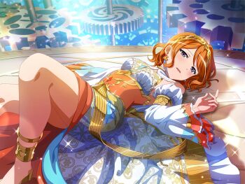 1girl anklet detached_sleeves dress earrings ebisu_tsukasa frilled_sleeves frills game_cg gears headpiece jewelry leg_up looking_at_viewer lying official_art on_back orange_hair parted_lips purple_eyes short_hair shoujo_kageki_revue_starlight shoujo_kageki_revue_starlight_-re_live- solo tarot wavy_hair white_dress white_sleeves wide_sleeves