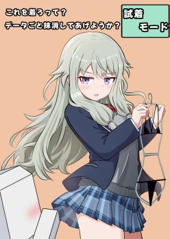 Rule 34 | 1girl, 1other, bachio99, bikini, black bikini, blazer, blue jacket, blue skirt, blush, bow, bowtie, clothes hanger, commentary request, cowboy shot, from side, green hair, grey sweater, hair flaps, highres, holding, holding clothes hanger, jacket, kamiyama high school uniform (project sekai), kusanagi nene, long hair, long sidelocks, long sleeves, looking at another, low-tied sidelocks, micro bikini, miniskirt, open clothes, open jacket, orange background, parted lips, plaid clothes, plaid skirt, pleated skirt, project sekai, purple eyes, red bow, red bowtie, school uniform, shirt, sidelocks, simple background, skirt, standing, sweater, swimsuit, swimsuit hanger, tofu (project sekai), translation request, turning head, white shirt