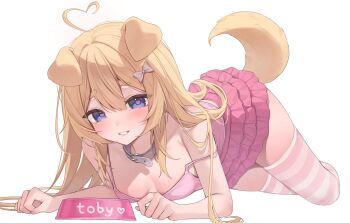 1girl ahoge all_fours animal_ears belt belt_collar blonde_hair blue_eyes bowl breasts collar commentary commission dog_ears dog_girl dog_tail english_commentary grey_belt heart heart_ahoge highres hiroside indie_virtual_youtuber large_breasts light_smile looking_at_viewer off_shoulder pet_bowl pink_shirt pink_skirt pink_thighhighs second-party_source shirt simple_background skeb_commission skirt solo tail tank_top thighhighs toby_doko_death virtual_youtuber white_background