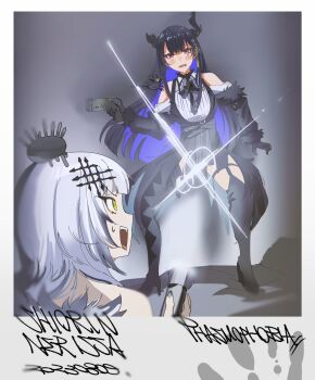 2girls asymmetrical_horns black_hair blue_hair blunt_bangs blush colored_inner_hair copyright_name flashlight flashlight_beam fur_trim highres holding holding_flashlight hololive hololive_english horns long_hair multicolored_hair multiple_girls nerissa_ravencroft nerissa_ravencroft_(1st_costume) open_mouth phasmophobia se_t shadow_(nerissa_ravencroft) shiori_novella shiori_novella_(1st_costume) split-color_hair teardrop thighs two-tone_hair uneven_horns virtual_youtuber white_hair yellow_eyes