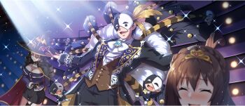 1other 2girls arue_(konosuba) ascot black_cloak black_hair black_hat black_jacket black_mask black_pants black_skirt black_suit blue_gemstone blush braid breasts brooch brown_hair brown_vest cleavage cloak closed_eyes creature crown_braid dress_shirt drill_hair drill_sidelocks eye_mask eyepatch feather_hair_ornament feathers formal_clothes game_cg gem hair_ornament half_mask hat highres jacket jewelry kono_subarashii_sekai_ni_shukufuku_wo! konosuba!_fantastic_days large_breasts long_hair mask multiple_girls nose_blush off-shoulder_shirt off_shoulder official_alternate_costume official_art open_clothes open_jacket open_mouth outstretched_arms pants purple_shirt shirt short_hair side_slit sidelocks skirt skirt_suit smirk sparkle spotlight spread_arms stage standing star_(symbol) suit suit_jacket tiara two-tone_mask vanir vest waistcoat wavy_mouth white_ascot white_mask witch_hat yunyun_(konosuba)