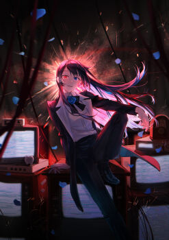 1girl absurdres ado_(utaite) arm_on_knee arm_support arsum0731 backlighting black_bow black_bowtie black_hair black_pants black_shoes blue_eyes blue_flower blue_rose bow bowtie cable chando_(ado) collared_shirt commentary crt explosion floating_hair flower foot_out_of_frame formal_clothes gloves ha-chan_(ado) heterochromia highres jacket knee_up long_hair long_sleeves looking_at_viewer on_television open_clothes open_jacket open_mouth pants petals red_eyes rose shirt shoes single_glove sitting smile solo sparks static suit_jacket television unworn_gloves very_long_hair white_gloves white_shirt