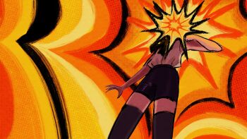 1girl black_ribbon black_shorts black_thighhighs chainsaw_man explosion highres nuwi_(furinuwi) reze_(chainsaw_man) ribbon shirt shirt_tucked_in shorts sleeveless sleeveless_shirt solo thighhighs white_shirt