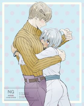 Rule 34 | 2boys, arm around back, belt, blue eyes, blue hair, border, bracelet, brown belt, commentary request, dot nose, feet out of frame, frilled sleeves, frills, grey hair, grey pants, hello bonnno, highres, horns, hover hand, inset border, jewelry, long sleeves, male focus, metaphor: refantazio, multiple boys, nervous sweating, open mouth, pants, pinstripe pattern, pinstripe shirt, protagonist (metaphor: refantazio), shirt, smile, standing, strohl (metaphor: refantazio), sweat, turtleneck, watermark, white pants, white shirt, yaoi, yellow shirt