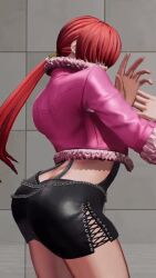 Rule 34 | 1girl, animated, animated gif, ass, ass focus, black dress, chain, dress, feather trim, female focus, fingernails, hair over eyes, huge ass, jacket, pink jacket, pink nails, ponytail, red hair, shermie (kof), short dress, snk, solo, the king of fighters, the king of fighters xv, thick thighs, thighs