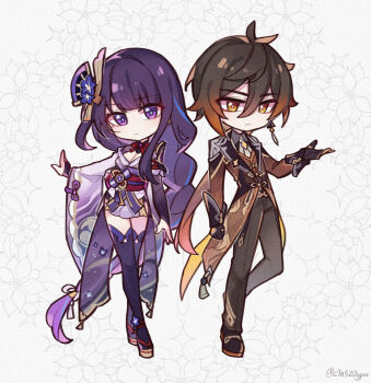 1boy 1girl absurdres antenna_hair arm_up armor artist_name asymmetrical_sleeves blue_pupils blunt_bangs blush braid breasts bridal_gauntlets brown_coat brown_hair brown_pants brown_suit c520gpss chibi chibi_only chinese_clothes chinese_commentary cleavage closed_mouth coat collared_coat couple earrings expressionless fan_hair_ornament flower flower_ornament formal_clothes full_body genshin_impact grey_background hair_between_eyes hair_ornament highres japanese_armor japanese_clothes jewelry kimono large_breasts lofter_username long_braid long_sleeves looking_at_viewer mitsudomoe_(shape) mole mole_under_eye multicolored_eyes multicolored_hair neck_ribbon orange_eyes pants purple_eyes purple_flower purple_hair purple_kimono purple_thighhighs raiden_shogun red_ribbon red_sash ribbon sash shade shoulder_armor single_braid single_earring standing streaked_hair suit thighhighs tomoe_(symbol) uneven_sleeves wide_sleeves zhongli_(genshin_impact)