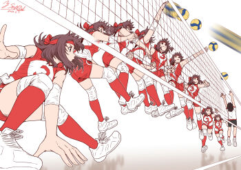 2girls ball brown_eyes brown_hair commentary_request dated elbow_pads girls_und_panzer headband highres isobe_noriko jumping knee_pads kondou_taeko long_hair motion_blur multiple_girls ooarai_volleyball_uniform red_headband red_shorts red_socks reflective_floor satou_yasu short_hair short_shorts shorts signature simple_background socks spiking sportswear volleyball_(object) volleyball_(sport) volleyball_net volleyball_uniform white_background