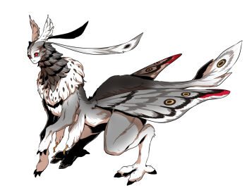 Rule 34 | 1other, antennae, black eyes, claws, colored sclera, commentary request, full body, insect wings, lin yue, looking at viewer, moth wings, neck fur, original, red sclera, simple background, slit pupils, solo, standing, white background, wings