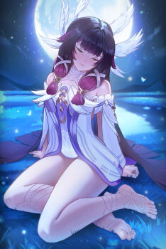 1girl absurdres bare_shoulders barefoot black_hair blunt_bangs closed_eyes closed_mouth columbina_(genshin_impact) commentary dress full_body full_moon genshin_impact highres long_hair moon multicolored_hair night outdoors puppnett purple_hair sitting solo toenails toes very_long_hair white_dress