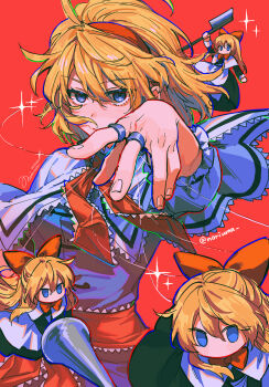 1girl alice_margatroid blonde_hair blue_dress blue_eyes bow breasts capelet closed_mouth commentary_request dated doll dress hair_between_eyes hair_bow hairband highres hourai_doll jewelry lance looking_at_viewer making-of_available medium_breasts necktie noriuma polearm puppet_rings puppet_strings red_background red_bow red_hairband red_necktie ring serious short_hair sketch solo sparkle touhou twitter_username upper_body weapon white_capelet