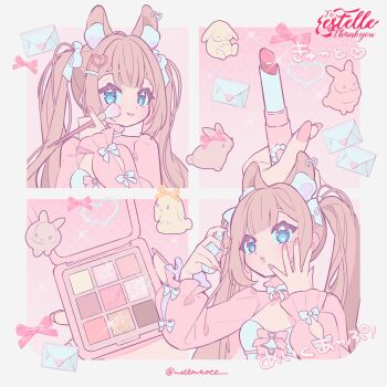 1girl :o animal animal_ear_fluff animal_ears applying_makeup blue_eyes bottle bow brown_hair cleavage_cutout closed_mouth clothing_cutout commission cosmetics eyelashes fingernails hair_ornament hairclip hairpin heart heart_hair_ornament highres holding holding_brush holding_makeup_brush holding_perfume letter lips long_hair long_sleeves looking_at_viewer love_letter makeup makeup_brush mellownote multiple_views nail_polish original perfume_(cosmetics) perfume_bottle pink_lips pink_nails pink_theme rabbit rouge_(makeup) sidelocks smile sparkle square twintails twitter_username upper_body white_bow