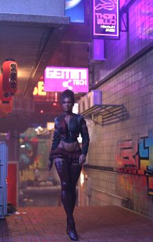 1girl 3d black_boots black_panties boots breasts city cropped_jacket curvy cyberpunk cyberpunk_(series) cyberpunk_2077 dark-skinned_female dark_skin full_body graffiti highres lantern microskirt navel neon_sign outdoors panam_palmer panties panty_straps paper_lantern plaid_clothes plaid_skirt skirt solo specterda standing thigh_boots underwear