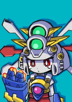 1girl amor bakunetsu_god_finger blue_background bright_pupils commentary_request g_gundam glowing glowing_hand god_gundam gundam hand_up helmet highres humanization izuna_yoshitsune mecha_musume parted_lips red_eyes simple_background solo tearing_up teeth triangle_mouth upper_body v-fin white_pupils