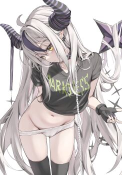 1girl absurdres ahoge black_choker black_gloves black_shirt black_streaks black_thighhighs blush chain choker closed_mouth collarbone commentary cowboy_shot crop_top cropped_shirt curved_horns earclip english_text expressionless fingerless_gloves fingernails floating_hair gloves grey_hair head_tilt highres hololive horns la+_darknesss long_hair midriff multicolored_hair nail_polish navel no_pants panties panty_pull pointy_ears print_shirt purple_nails scarlet_(wv0102) shirt short_sleeves simple_background solo standing star_(symbol) streaked_hair striped_clothes striped_panties symbol-only_commentary t-shirt thighhighs underwear vertical-striped_clothes vertical-striped_panties very_long_hair virtual_youtuber white_background white_panties yellow_eyes